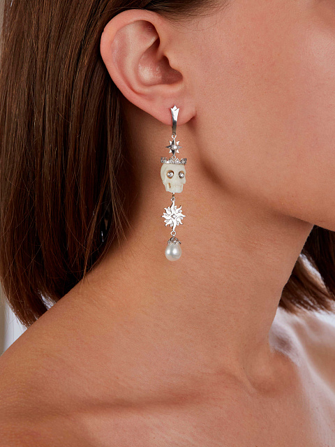White Gold, Pearls, Diamonds & Mammoth Tusk Skull Earrings, 2