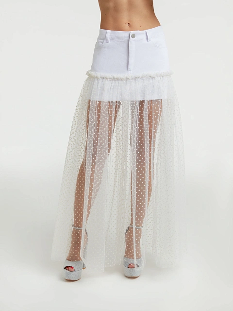 White Tulle & Denim Midi Skirt, 2