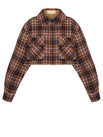 Brown Checked Cropped Faux Fur Lined Shirt, 1