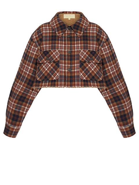 Brown Checked Cropped Faux Fur Lined Shirt, 1