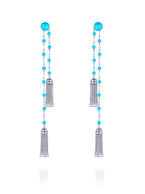 White Gold, Turquoise & Diamonds Double Tassel Earrings, 1