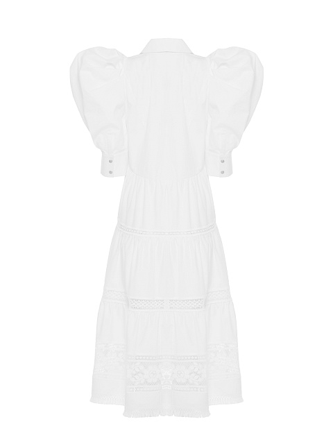 White Lace Trim Lantern Sleeve Midi Dress, 2