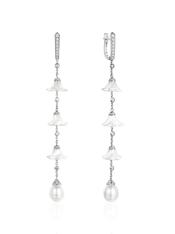 Long white gold earrings with pearls, carved mother-of-pearl and diamonds, 1