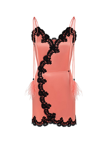 Coral Silk Mini Dress with Black Lace, 1