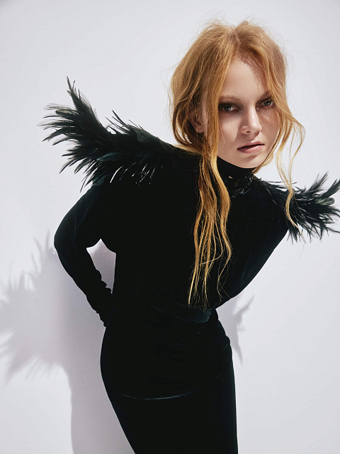 Black velvet dress with feathers, 3