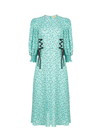 Turquoise Flower Printed Lace Up Midi Dress, 1