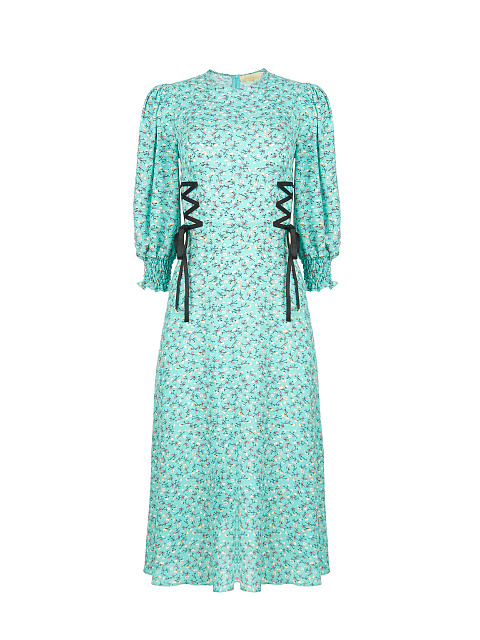 Turquoise Flower Printed Lace Up Midi Dress, 1
