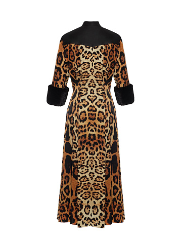Leather & Mink Fur Trimmed Leopard Printed Silk Dress, 2