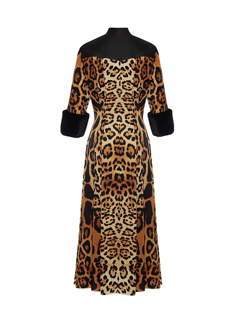 Leather & Mink Fur Trimmed Leopard Printed Silk Dress, 2