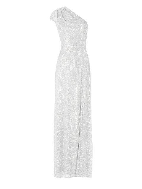 White Sequined One Shoulder Maxi Dress , 1