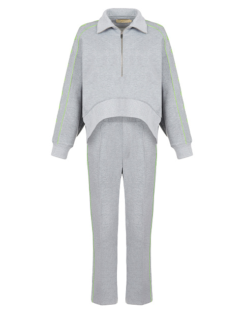 Grey & Neon Green Lily Embroidered Jersey Suit, 1