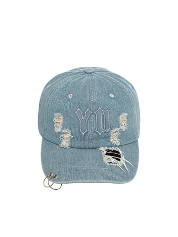 Light Blue Distressed Denim Cap With Rings, 2