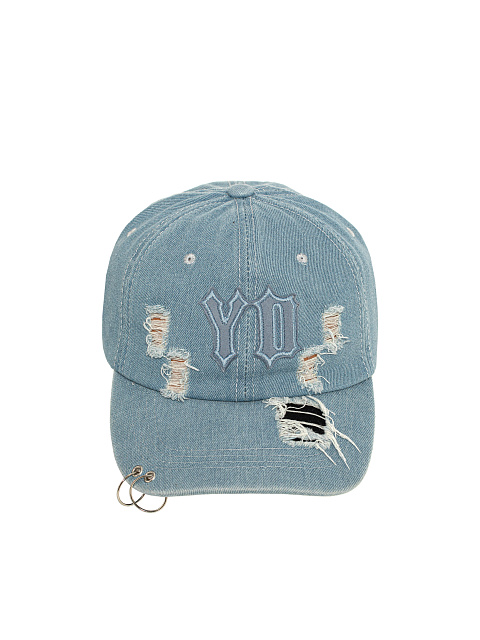 Light Blue Distressed Denim Cap With Rings, 2 Light Blue Distressed Denim Cap With Rings, 2
