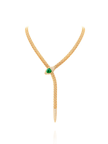 Trillion Emerald, Round Emerald, Round Diamond & Gold Necklace, 1