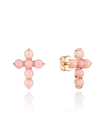 Rose gold stud earrings in the shape of crosses with pink opal, 1