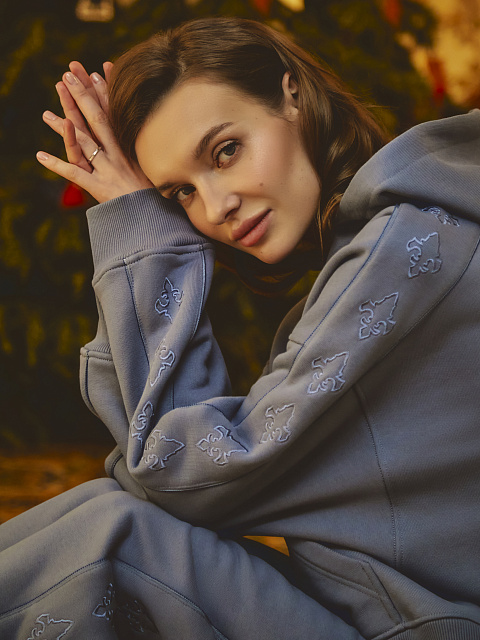 Blue Grey Jersey Set With Lily Embroidery, 7