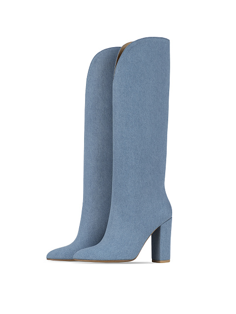 Light Blue Denim Heeled Tall Boots, 1