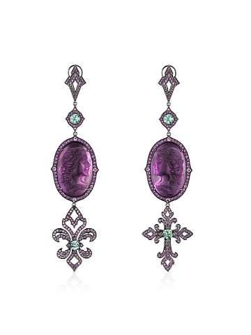 White gold earrings with cameo on amethyst and tourmalines, 1