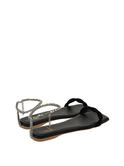 Black Rhinestones Leather Sandals, 3