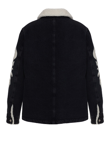 Black denim jacket with white shearling and appliqué, 2