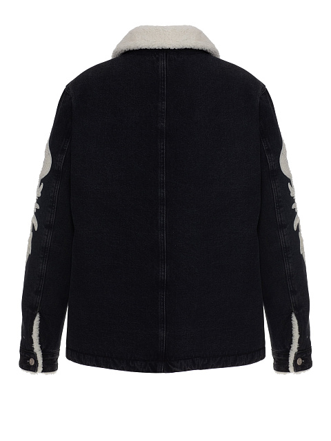 Black denim jacket with white shearling and appliqué, 2
