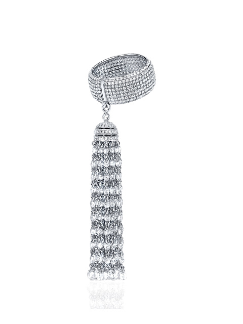 Briolette Diamond & Round Diamond & White Gold Tassel Ring, 1