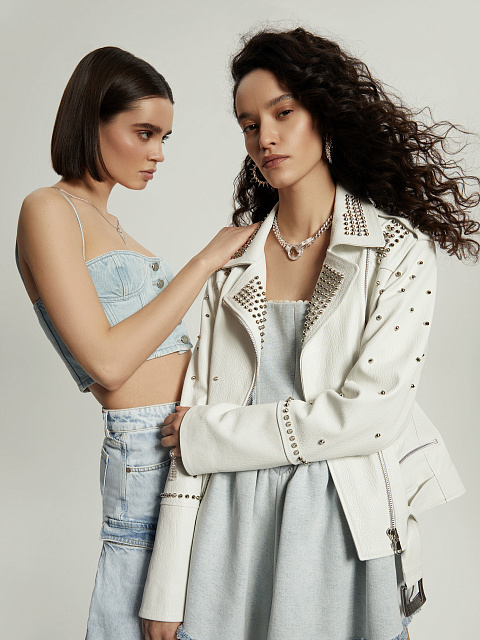 White Studded Leather Biker Jacket, 6