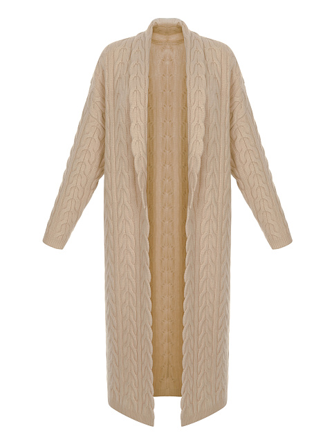 Beige Cashmere Cable Knit Long Cardigan, 1