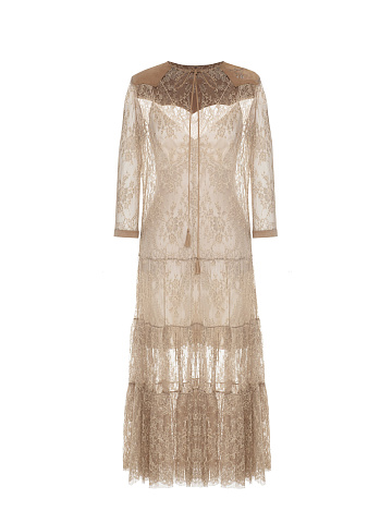 Beige Lace And Suede Midi Dress, 1