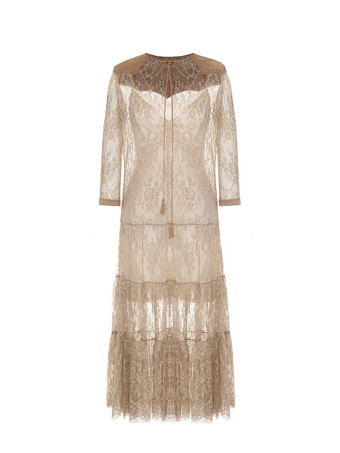 Beige Lace And Suede Midi Dress, 1