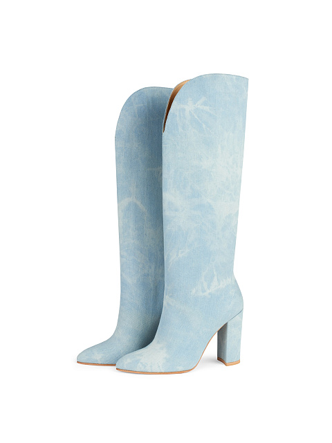 Blue Tie-Dye Denim Heeled Tall Boots, 1