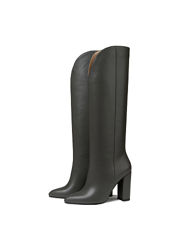 Dark Grey Leather Heeled Tall Boots, 1