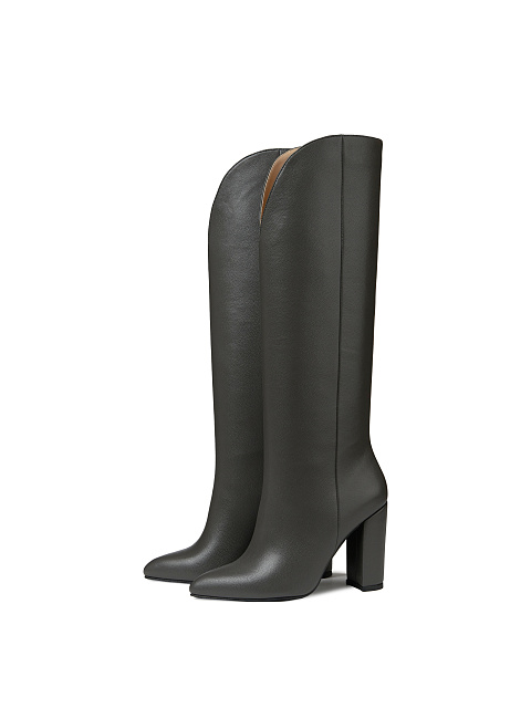 Dark Grey Leather Heeled Tall Boots, 1