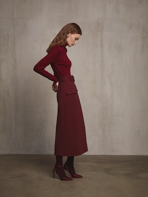 Burgundy Midi Skirt With Pockets, 5