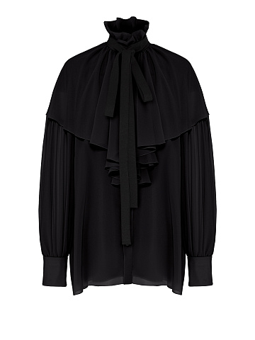 Black chiffon blouse with ruffles and ribbon, 1