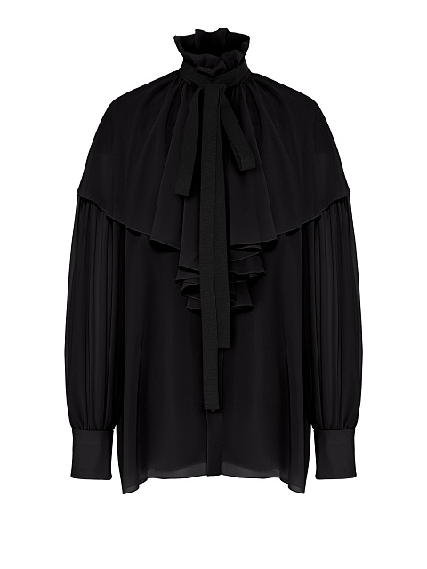 Black chiffon blouse with ruffles and ribbon, 1