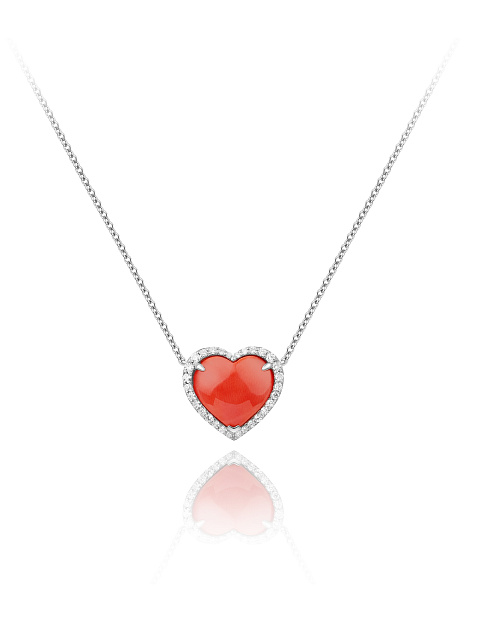 White Gold, Heart-Shaped Coral & Diamonds Necklace, 1