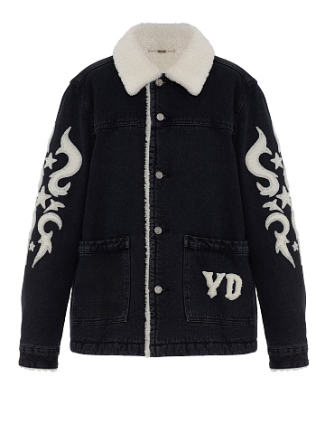 Black denim jacket with white shearling and appliqué, 1