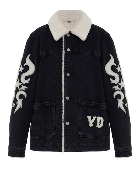 Black denim jacket with white shearling and appliqué, 1