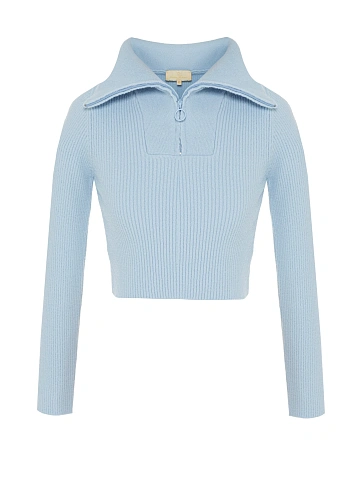 Blue Cropped Cardigan With Zipper, 1