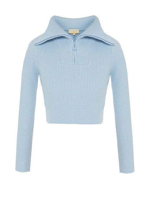 Blue Cropped Cardigan With Zipper, 1