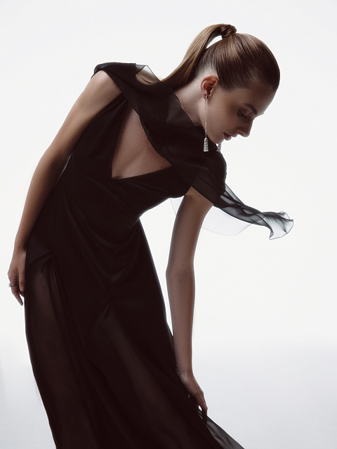 Black Silk Maxi Dress With Chiffon & Lace Cape, 7