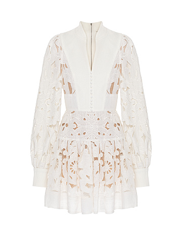 White Linen & Cotton Lace Mini Dress, 1