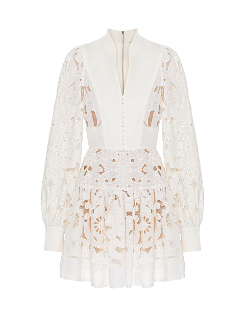 White Linen & Cotton Lace Mini Dress, 1