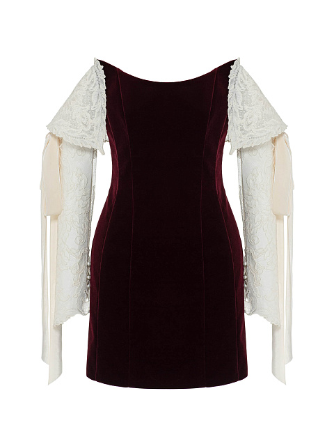 Burgundy Velvet Dress With Lace Sleeves And Ribbons, 1