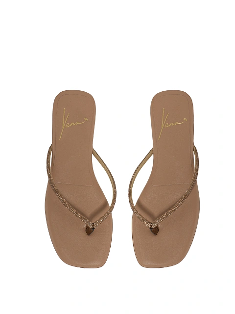 Beige Rhinestones Leather Flip-Flops, 4