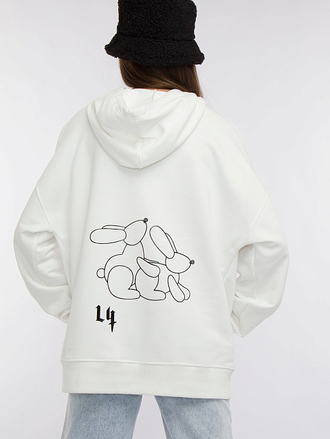 Back Printed White Cotton Hoodie, 2