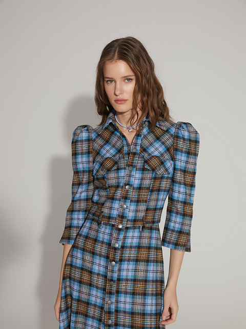 Brown & Light Blue Check Wool Midi Dress, 7 Brown & Light Blue Check Wool Midi Dress, 7