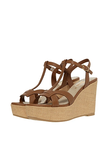 Brown Leather Wedge Sandals, 1
