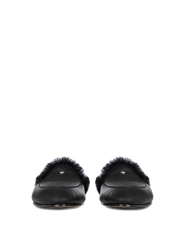 Black Leather Fur Trimmed Mules, 2
